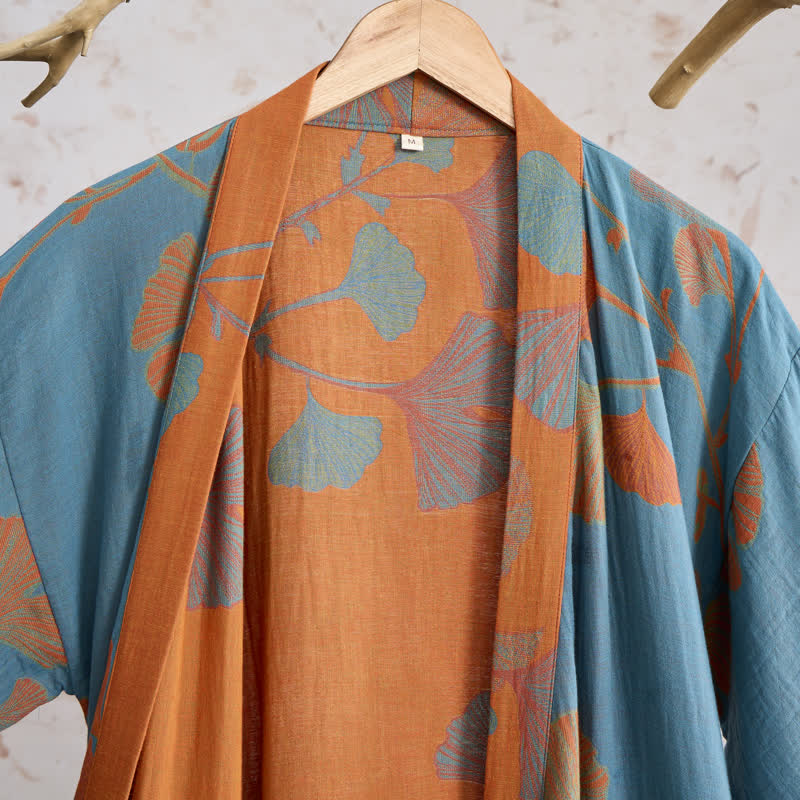 Kimono in cotone con foglie di ginkgo in stile retrò - image 10