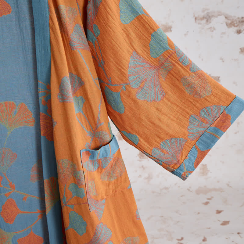 Kimono in cotone con foglie di ginkgo in stile retrò - image 4