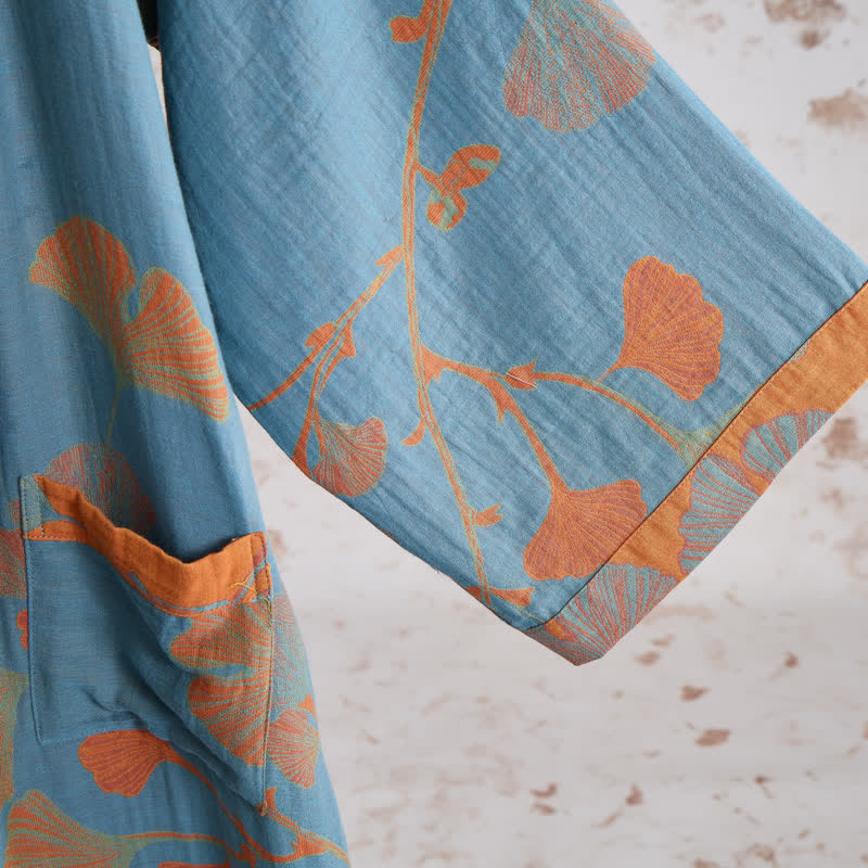 Kimono in cotone con foglie di ginkgo in stile retrò - image 12