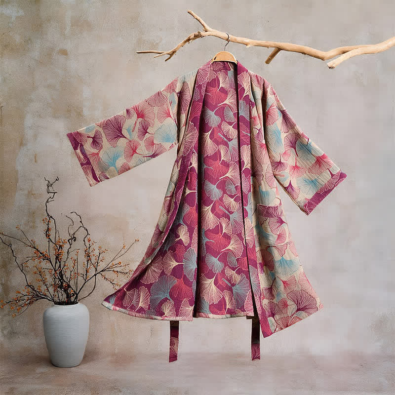 Kimono artistico con foglie di ginkgo, vestaglia da casa - Beige - XL - image 5