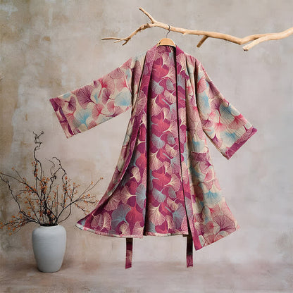 Kimono artistico con foglie di ginkgo, vestaglia da casa - Beige - XL - image 5