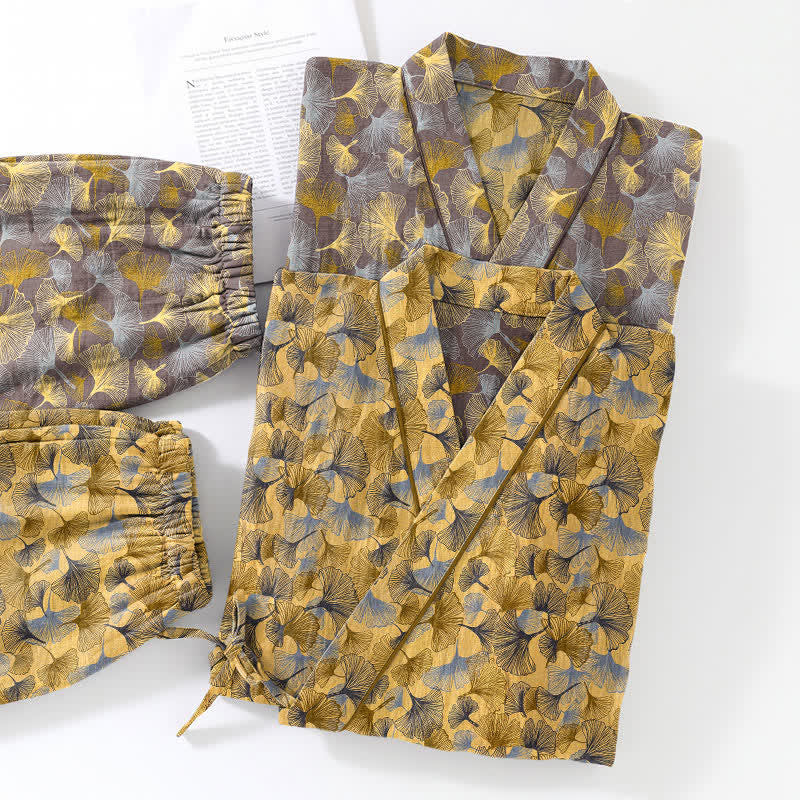 Set pigiama kimono vintage in cotone con motivo a foglie di ginkgo - image 5