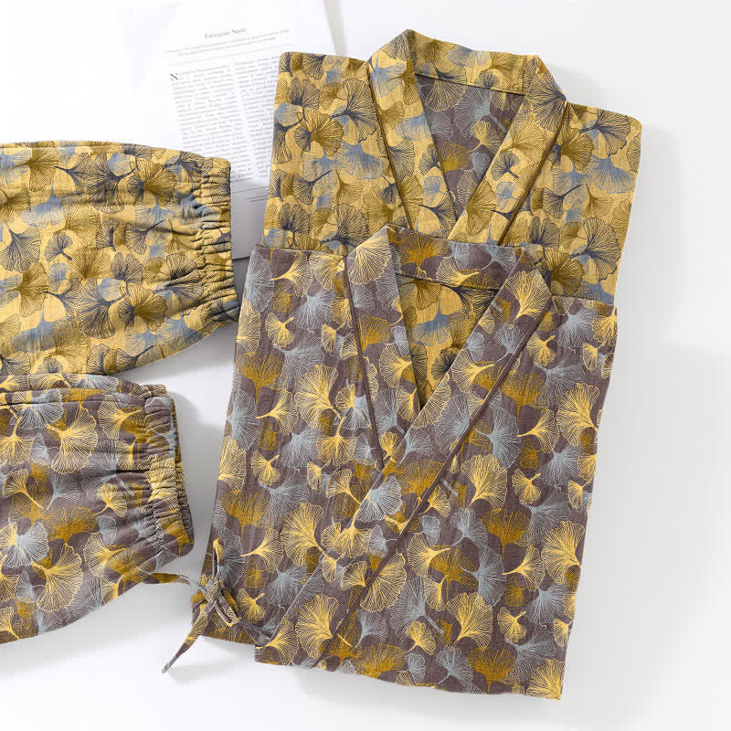Set pigiama kimono vintage in cotone con motivo a foglie di ginkgo - image 11