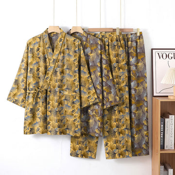 Set pigiama kimono vintage in cotone con motivo a foglie di ginkgo - image 0