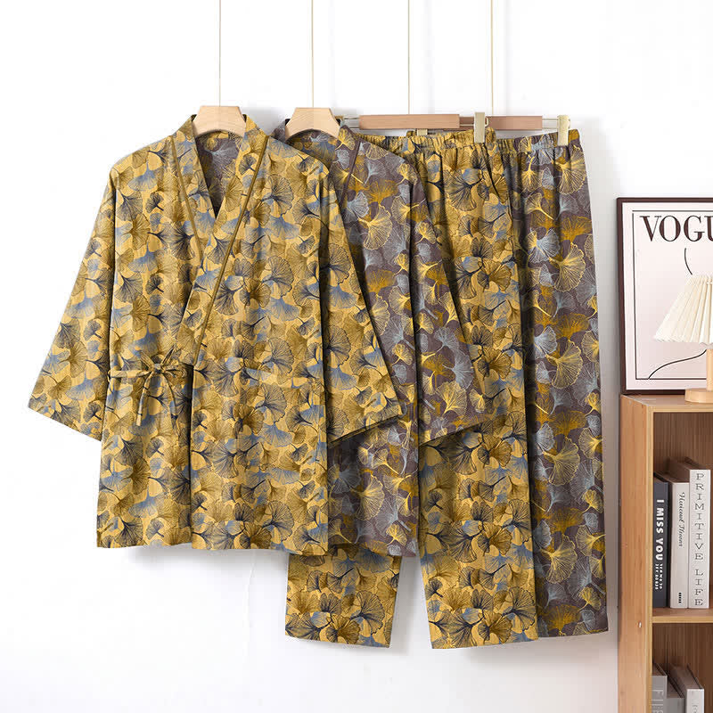 Set pigiama kimono vintage in cotone con motivo a foglie di ginkgo - image 0