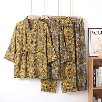 Set pigiama kimono vintage in cotone con motivo a foglie di ginkgo - image 0