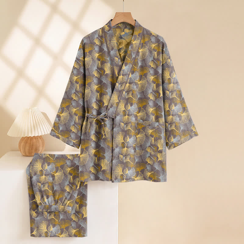 Set pigiama kimono vintage in cotone con motivo a foglie di ginkgo - image 8