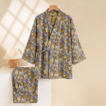 Set pigiama kimono vintage in cotone con motivo a foglie di ginkgo - image 8