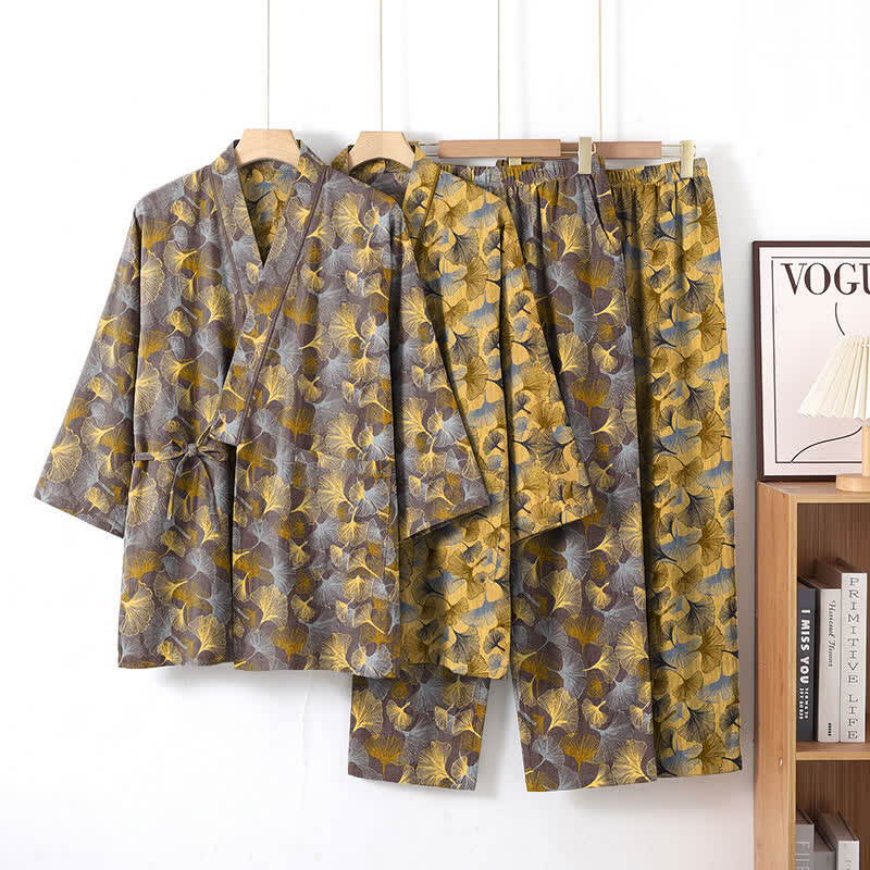 Set pigiama kimono vintage in cotone con motivo a foglie di ginkgo - image 7