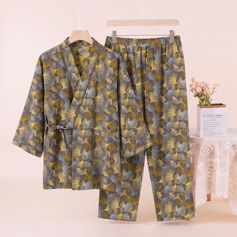 Set pigiama kimono vintage in cotone con motivo a foglie di ginkgo - image 9
