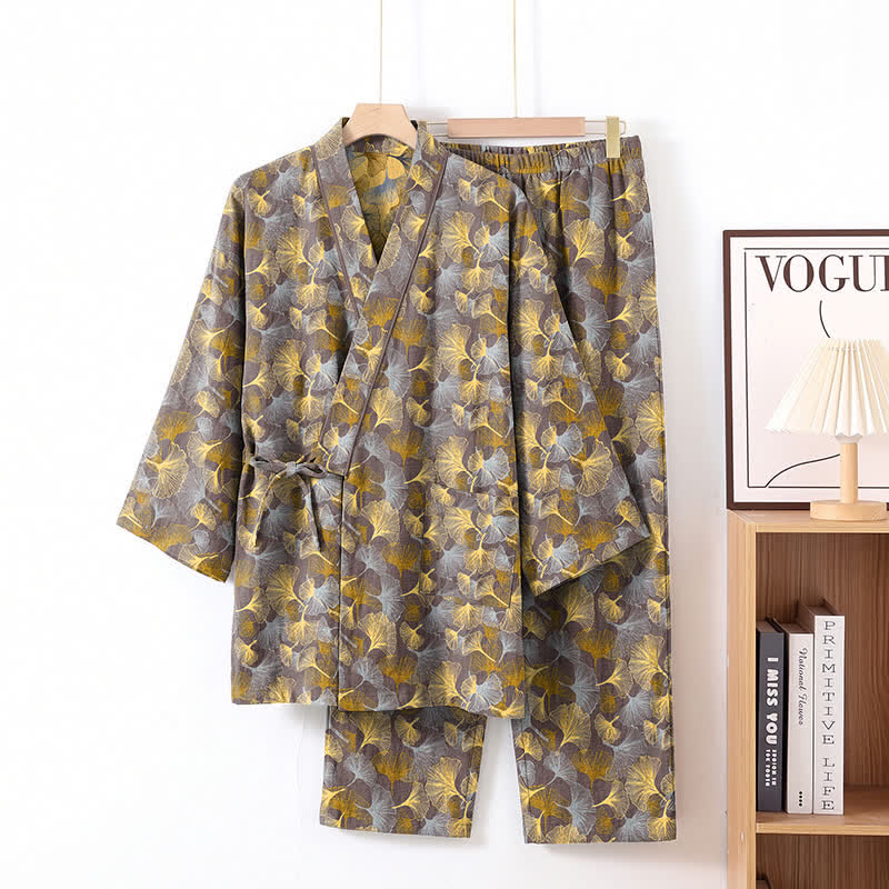 Set pigiama kimono vintage in cotone con motivo a foglie di ginkgo - Marrone chiaro - XL - image 6