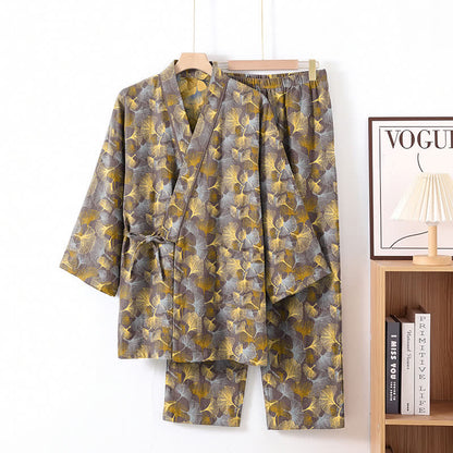 Set pigiama kimono vintage in cotone con motivo a foglie di ginkgo - Marrone chiaro - XL - image 6