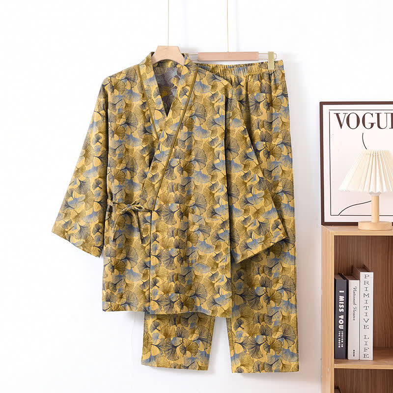 Set pigiama kimono vintage in cotone con motivo a foglie di ginkgo - Giallo - XL - image 1