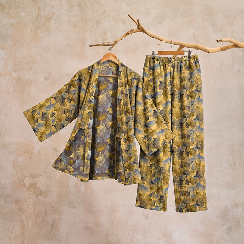Set pigiama kimono vintage in cotone con motivo a foglie di ginkgo - image 4