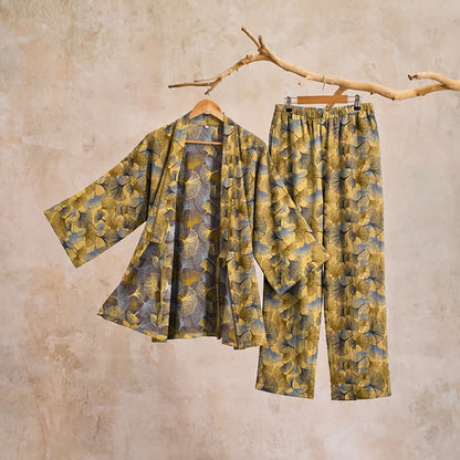Set pigiama kimono vintage in cotone con motivo a foglie di ginkgo - image 4