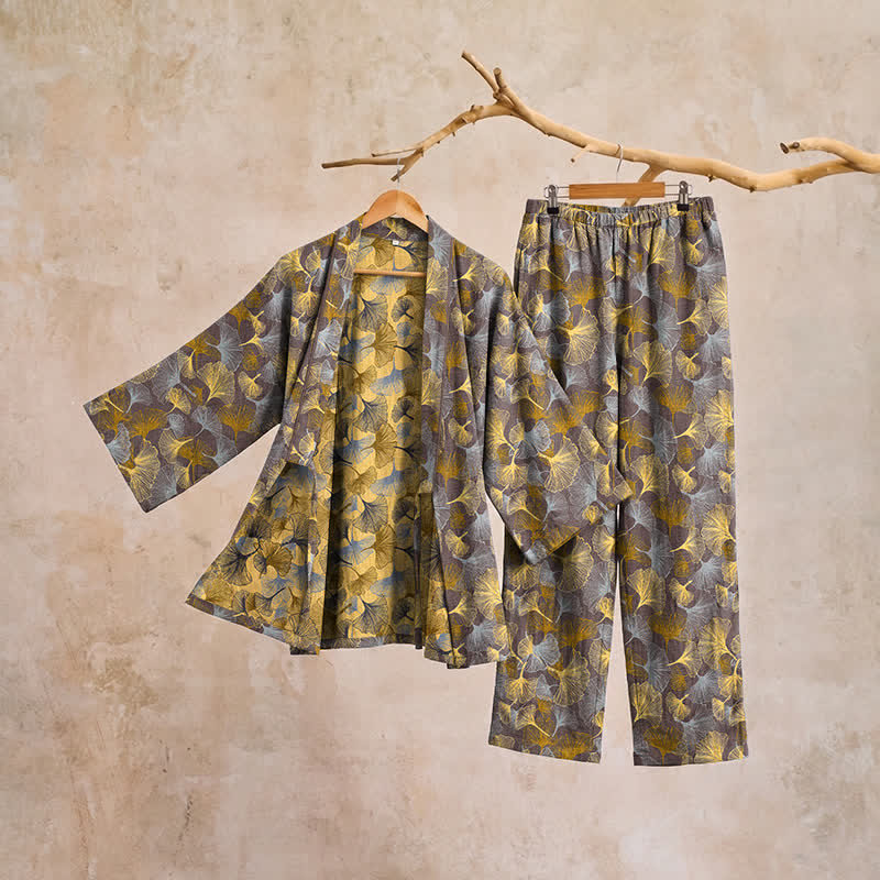 Set pigiama kimono vintage in cotone con motivo a foglie di ginkgo - image 10
