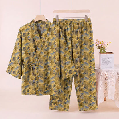 Set pigiama kimono vintage in cotone con motivo a foglie di ginkgo - image 3