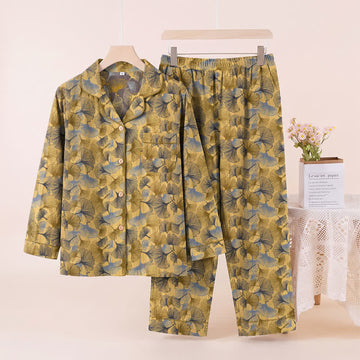 Set pigiama con colletto a tacca a forma di foglia di ginkgo - Giallo - XL - image 0