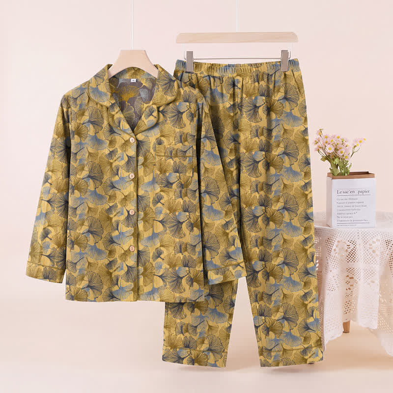 Set pigiama con colletto a tacca a forma di foglia di ginkgo - Giallo - XL - image 0