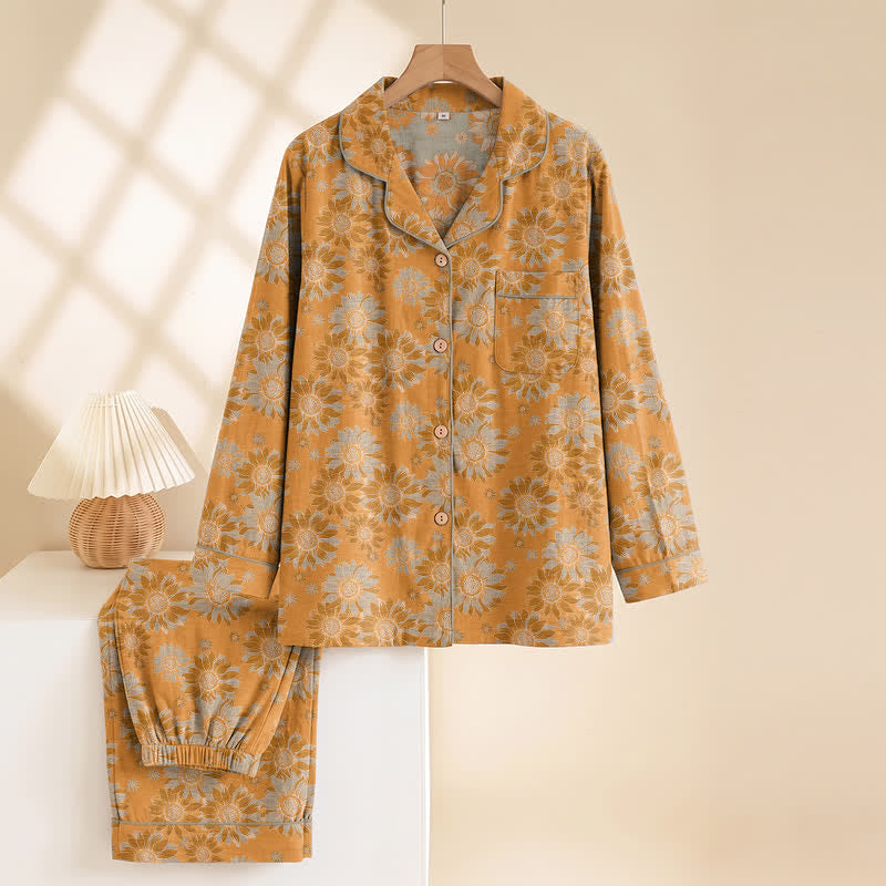 Set pigiama da casa in cotone stile retrò con motivo girasole - image 1