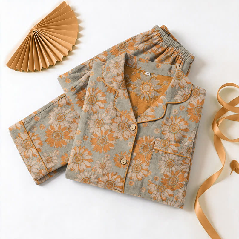 Set pigiama da casa in cotone stile retrò con motivo girasole - image 13