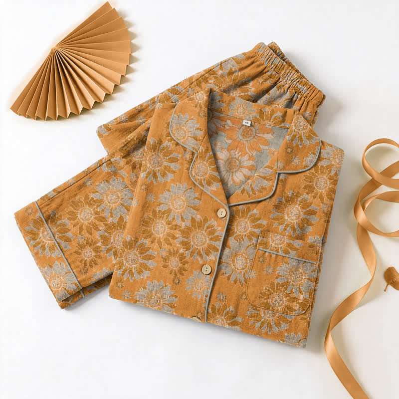 Set pigiama da casa in cotone stile retrò con motivo girasole - image 6