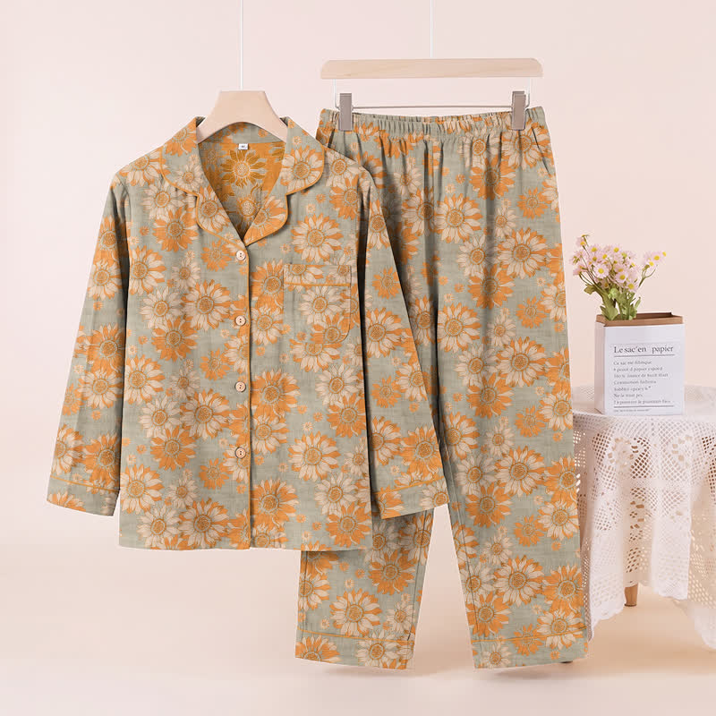 Set pigiama da casa in cotone stile retrò con motivo girasole - Grigio chiaro - XL - image 7
