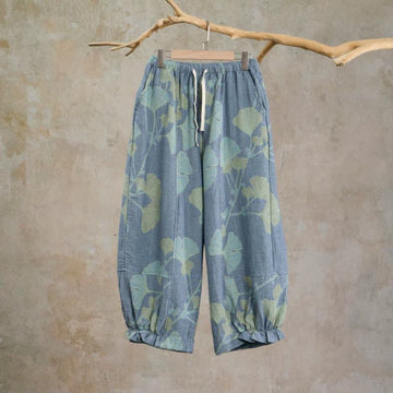 Pantaloni da casa in cotone con foglie di ginkgo in stile retrò botanico - Blu - XL - image 0