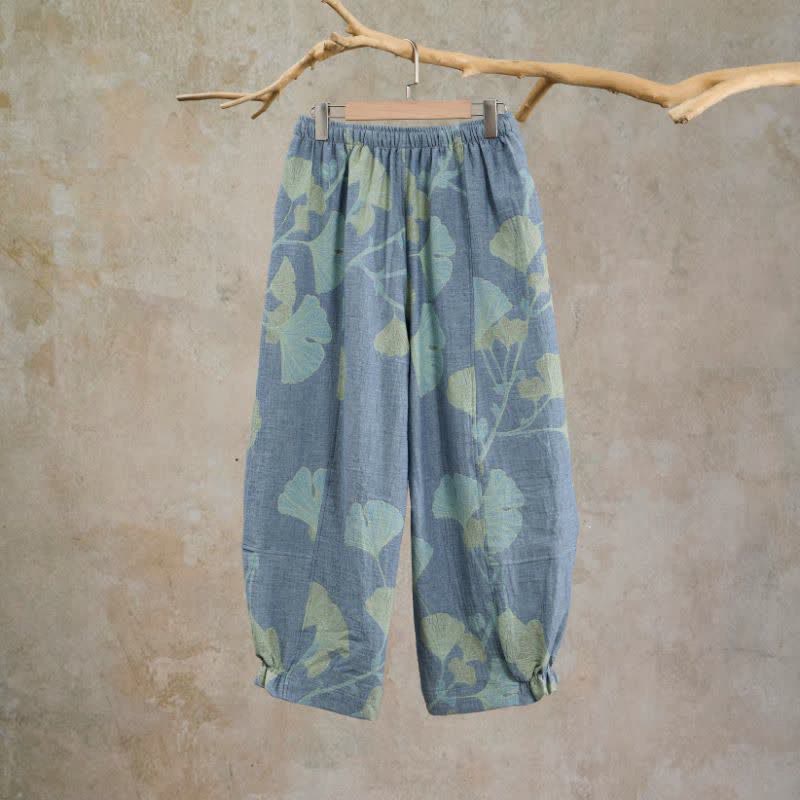 Pantaloni da casa in cotone con foglie di ginkgo in stile retrò botanico - image 1