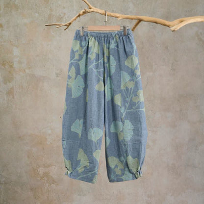 Pantaloni da casa in cotone con foglie di ginkgo in stile retrò botanico - image 1