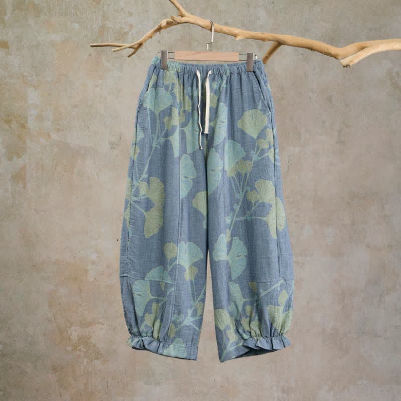 Pantaloni da casa in cotone con foglie di ginkgo in stile retrò botanico - Blu - XL - image 0