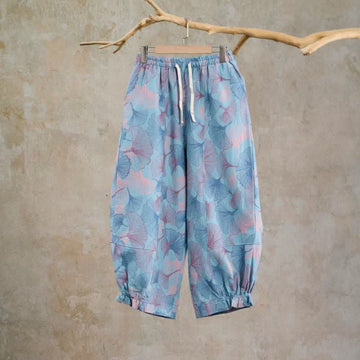 Pantaloni da casa vintage in cotone con foglie di ginkgo - Blu - XL - image 0