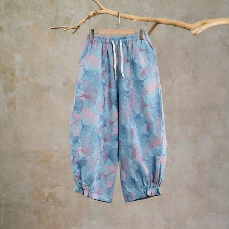 Pantaloni da casa vintage in cotone con foglie di ginkgo - Blu - XL - image 0
