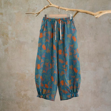 Pantaloni da casa in cotone con stampa a foglie di ginkgo multicolore - Blu - XL - image 0