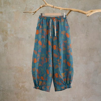 Pantaloni da casa in cotone con stampa a foglie di ginkgo multicolore - Blu - XL - image 0