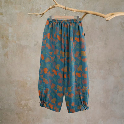Pantaloni da casa in cotone con stampa a foglie di ginkgo multicolore - image 1