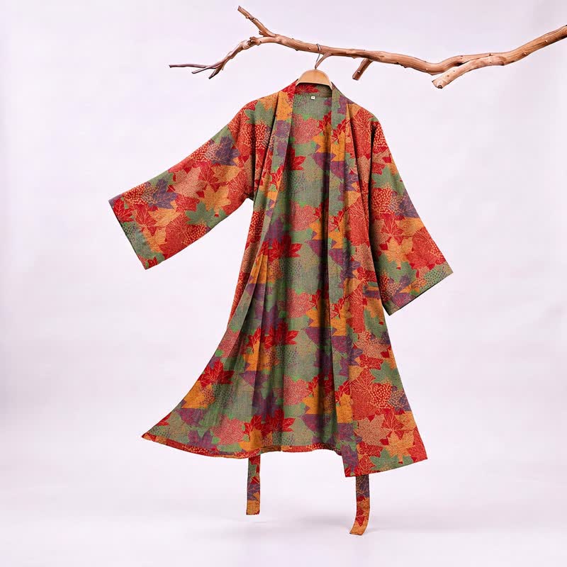 Kimono in cotone con motivo a foglie d'acero autunnali - Rosso e verde - 2XL - image 0