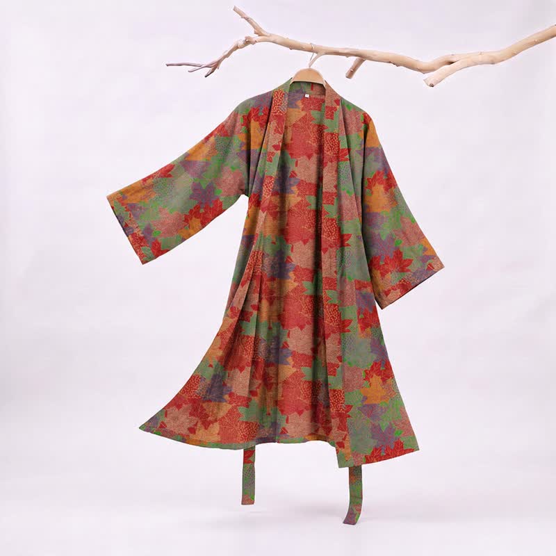 Kimono in cotone con motivo a foglie d'acero autunnali - Verde e rosso - 2XL - image 5