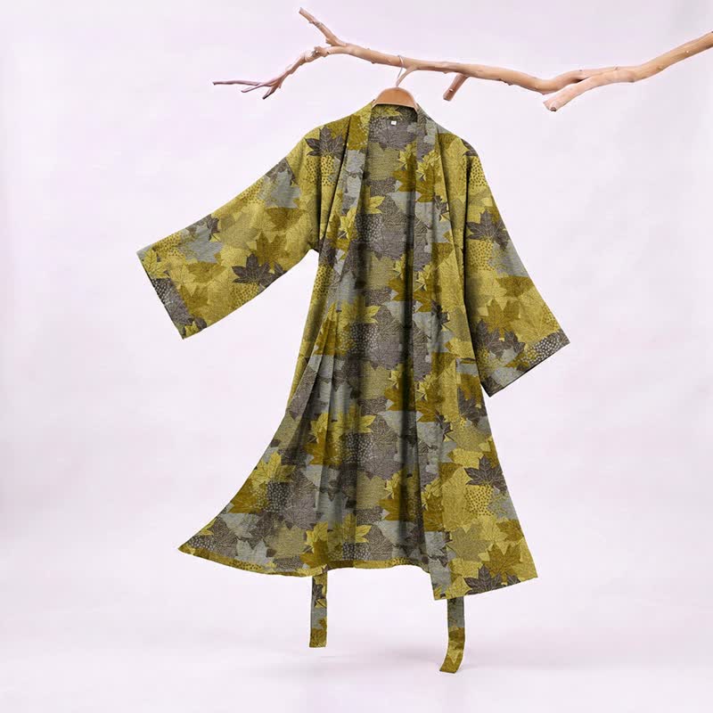 Kimono in cotone con motivo a foglie d'acero autunnali - Giallo e grigio - 2XL - image 11