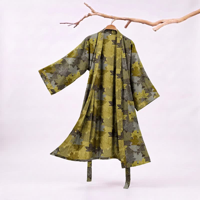 Kimono in cotone con motivo a foglie d'acero autunnali - Grigio e giallo - 2XL - image 17