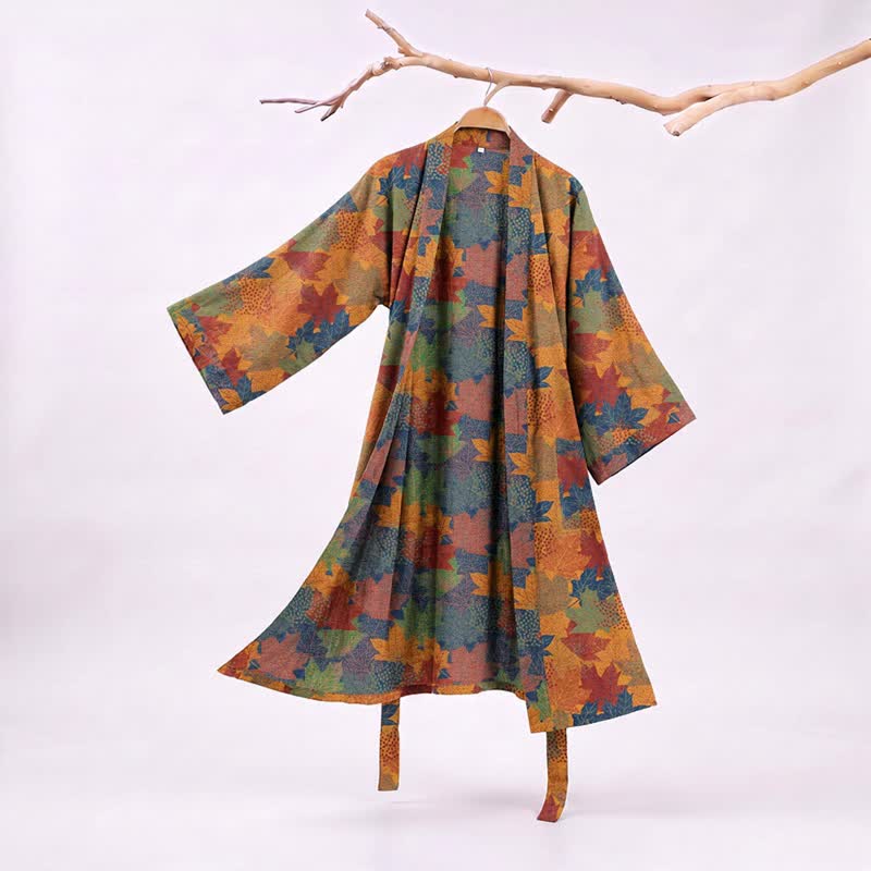 Kimono in cotone con motivo a foglie d'acero autunnali - Arancione e blu - 2XL - image 23