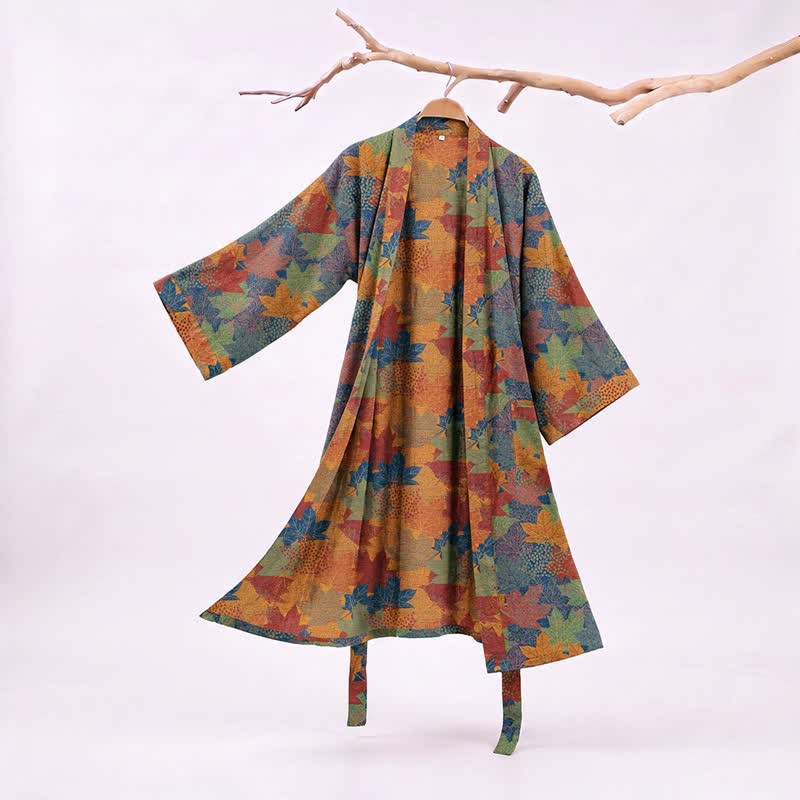 Kimono in cotone con motivo a foglie d'acero autunnali - Blu e arancione - 2XL - image 29