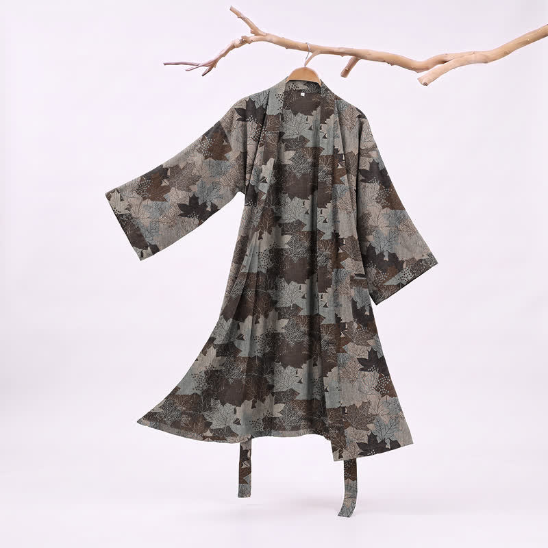 Kimono in cotone con motivo a foglie d'acero autunnali - Grigio e marrone - 2XL - image 41