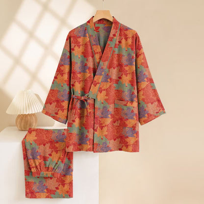 Set pigiama kimono in cotone con motivo foglia d'acero - image 2