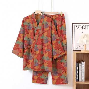Set pigiama kimono in cotone con motivo foglia d'acero - Rosso e verde - XL - image 0