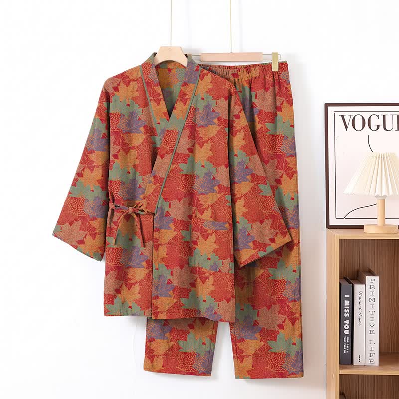 Set pigiama kimono in cotone con motivo foglia d'acero - Rosso e verde - XL - image 0