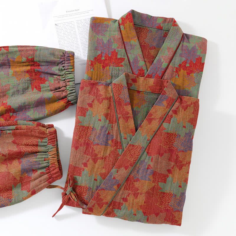 Set pigiama kimono in cotone con motivo foglia d'acero - image 6