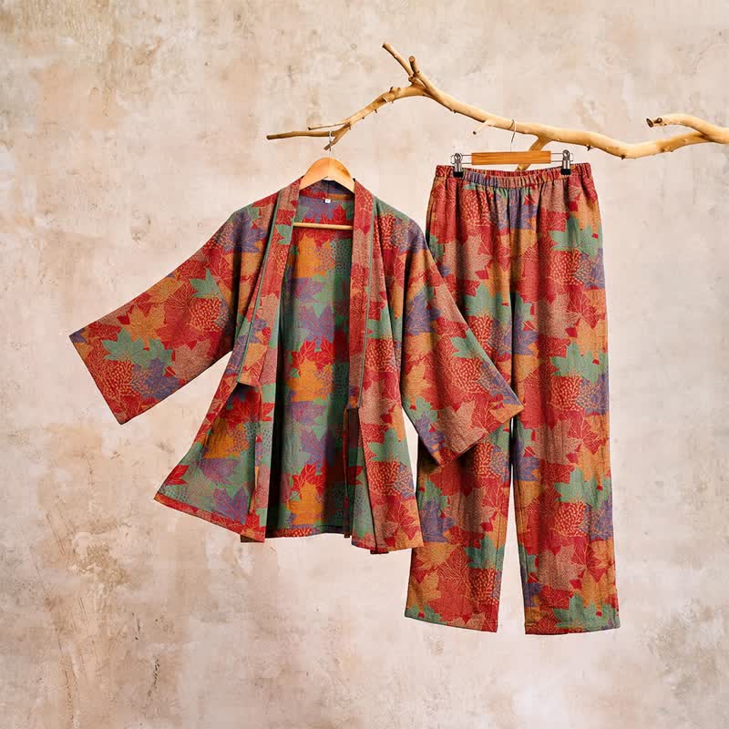 Set pigiama kimono in cotone con motivo foglia d'acero - image 5