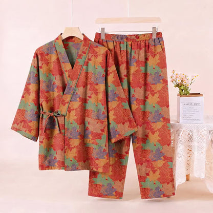 Set pigiama kimono in cotone con motivo foglia d'acero - image 1
