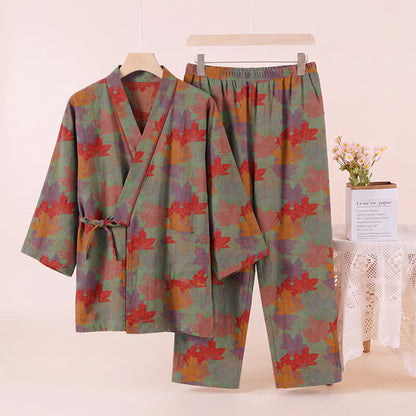 Set pigiama kimono in cotone con motivo foglia d'acero - image 9